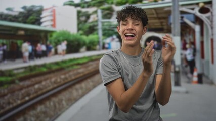 Teenage man clapping hands on a train station platform building, smiling broadly and applauding in mid motion; joyful celebration.
