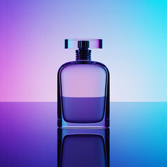 Sleek glass perfume bottle with vibrant neon light reflections on surface