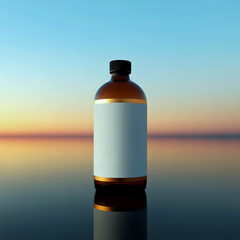 Amber glass bottle with blank label mockup, serene sunset sky reflection