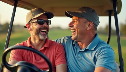 Two joyful men sharing laughter in a golf cart