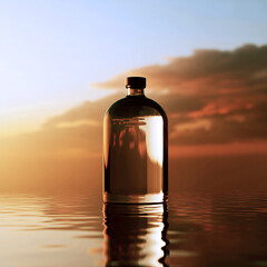 Sleek reflective bottle on water surface with vibrant sunset sky background
