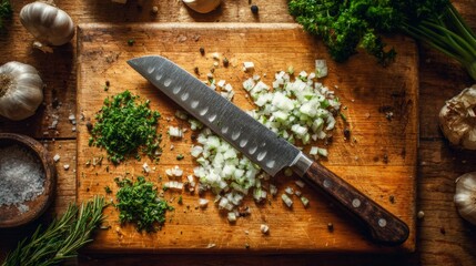 Freshly Chopped Onions and Herbs on Wooden Cutting Board with Sharp Chef Knife Surrounded by Garlic, Parsley, and Salt for Culinary Cooking Scene