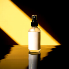 Frosted clear spray bottle with blank label and black cap, yellow light flare.