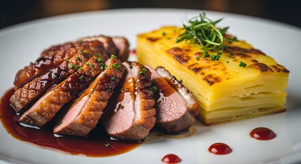 Seared duck breast with potato gratin classic gourmet dish featuring tender sliced duck meat served with scalloped potatoes and rich sauce elegant fine dining 195
