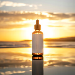 Dropper bottle mockup with white label on wet sand at golden sunset beach scene