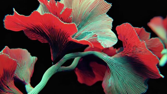 Vibrant red and green flower blooming in sequence. Animated petal opening on dark background. Digital nature growth visualization for creative design inspiration.
