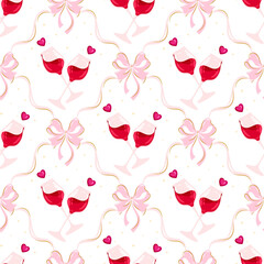 Champagne, wine glass , goblet seamless pattern with pink bows, hearts, and subtle stars for wedding, Valentine, or party decor. Christmas, New Years Eve, Valentines day  romantic design