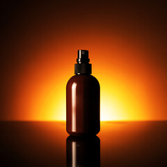 Amber cosmetic spray bottle with black cap on vibrant orange gradient background.