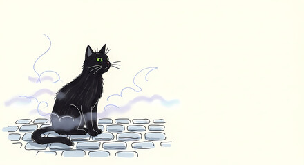 Black cat sitting on cobblestones with green eyes and smoke wisps  