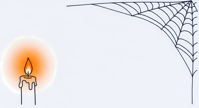 Candle with glowing flame and spider web in minimalist design  