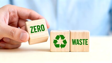 Hand placing wooden blocks with zero waste concept promoting environmental sustainability and eco-friendly practices isolated on white background