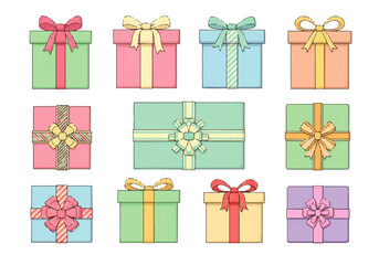 Twelve colorful gift boxes with ribbons and bows arranged in a grid, illustration style, various colors.