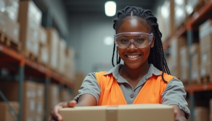 Smiling woman in safety gear holding a box in a warehouse
