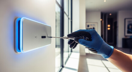 Technician installing glowing edge device in modern interior for technology blogs, smart home websites, and IT service advertisements