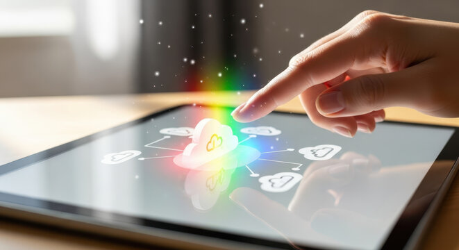 User hand tapping cloud computing interface on tablet with colorful effects for technology blogs, digital transformation articles, and cloud service promotions