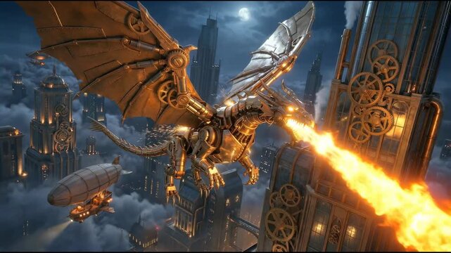 A metallic steampunk dragon with spread wings flies through a foggy night metropolis and shoots a powerful stream of fire at a gear-covered building while airships move around