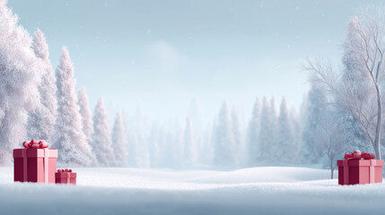 clean minimalist christmas background for typography with snow-covered trees and subtle red gifts