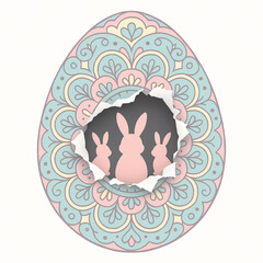 Fototapeta premium Easter egg mandala with bunny silhouettes emerging from dramatic torn vector tear white background pastel scheme clean illustration