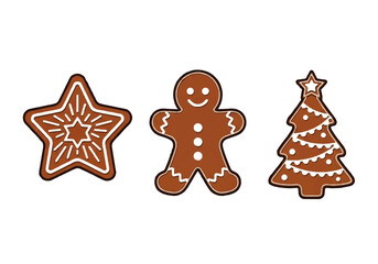 Three gingerbread cookies, a star, a gingerbread man, and a Christmas tree, decorated with white icing on a white background.