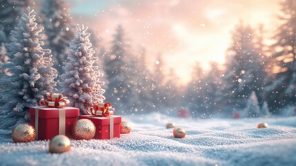 elegant 3d winter scene with snowy trees, red gifts and golden ornaments during sunset or sunrise