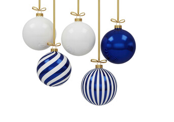Festive blue and white christmas ornaments isolated on transparent background