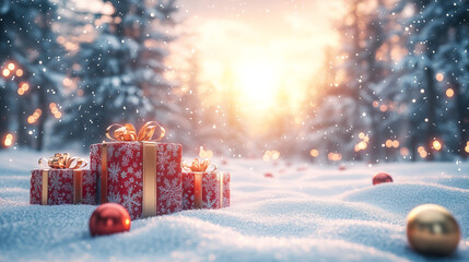 elegant 3d winter scene with snowy trees, red gifts and golden ornaments during sunset or sunrise