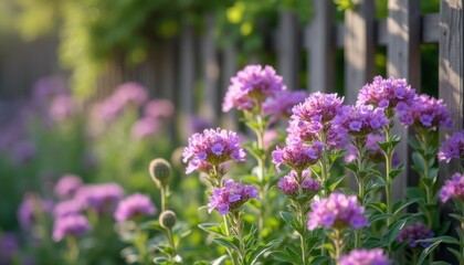 Fototapeta premium Delicate purple flowers blooming beside a rustic wooden fence