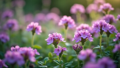 Fototapeta premium Delicate pink flowers blooming in a lush garden