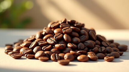 Pile of freshly roasted coffee beans ready for brewing a delicious drink