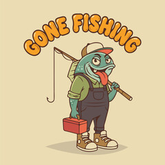 Retro Cartoon Fish Mascot Fisherman with "Gone Fishing" Lettering
