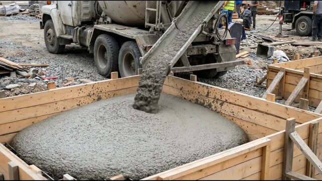 A thick stream of fresh concrete flows from the mixer truck chute into the wooden foundation form, gradually filling the mold and rising in level