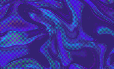 Obraz premium Abstract pattern with flowing, wavy lines in blue and purple shades. The illustration resembles liquid metal with a dotted halftone effect, creating a modern, digital, and vibrant pop-art Y2K style.