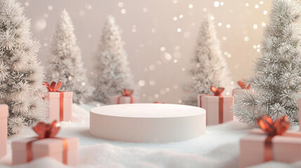 empty circular pedestal podium in a dreamy white winter wonderland product display scene