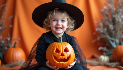 Fototapeta premium Cheerful child in witch costume holding a carved pumpkin