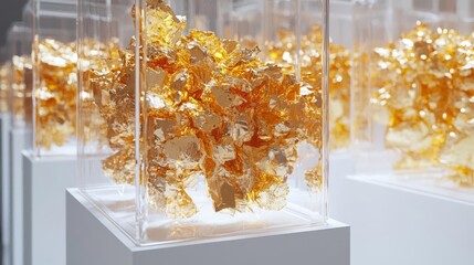 A striking display of golden artifacts encased in glass, showcasing artistry and craftsmanship from ancient cultures.