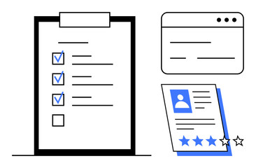 Task checklist with marked items, review document with profile and star rating, and interface window. Ideal for productivity, evaluation, recruitment, planning, organization, feedback assessment