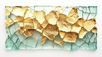 A stunning abstract artwork featuring cracked glass and golden leaf elements, perfect for modern design projects.