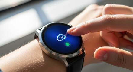 Unbranded smartwatch being tapped for cloud platform access in modern technology applications and digital interfaces