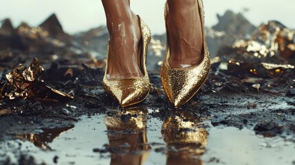 Elegant gold heels reflecting in puddles, symbolizing luxury and style amidst a rugged landscape.