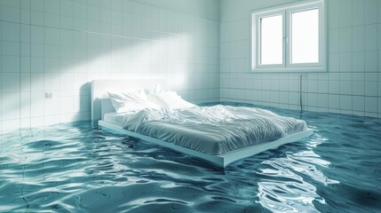 A surreal bedroom submerged in water, portraying a dreamlike atmosphere and the theme of climate change.