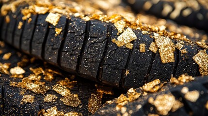 Close-up of worn black tires adorned with glittering gold flakes, showcasing unique textures and contrast.