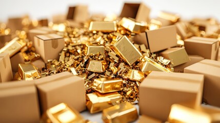A pile of golden bars and boxes representing wealth and prosperity in a modern setting.