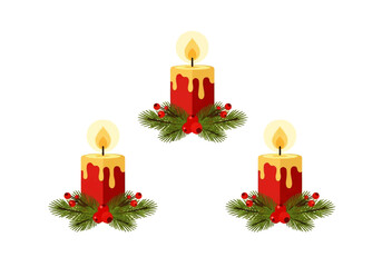 Three red candles with dripping yellow wax, adorned with green pine needles and red berries, arranged on a white background.