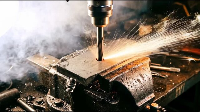 A drilling machine lowers a spinning drill bit onto a fixed metal plate, with metal shavings, smoke, and bright sparks bursting from the hole as the bit drives deeper