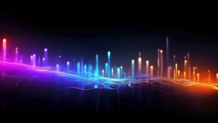 Digital art wallpaper background. A digital artwork featuring a vibrant, neonlit cityscape against a dark backdrop. The cityscape is composed of tall.