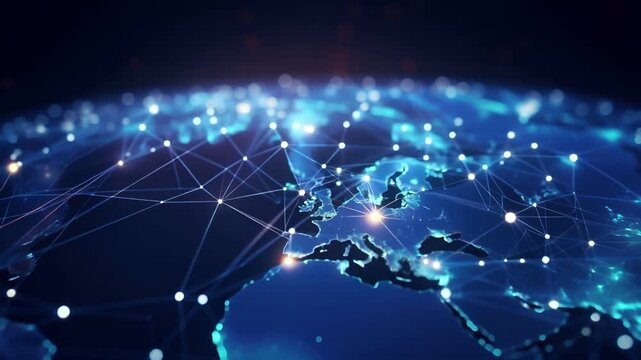 Digital art wallpaper background. A digital rendering of a world map with a network of dots and lines, predominantly in shades of blue and white. The map is detailed with continents and oceans.