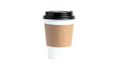 A takeaway coffee cup, white with a black lid, a brown sleeve, against a black background