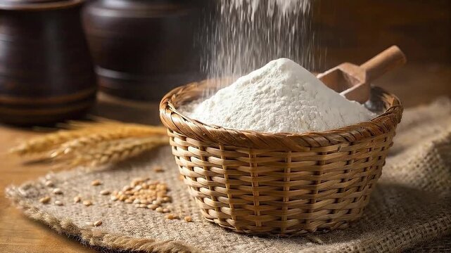 White flour in wicker basket, wheat grains, wooden scoop, baking
