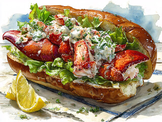a delicious lobster roll with a creamy dressing, fresh lettuce, and a lemon wedge on the side. The lobster is prominently displayed