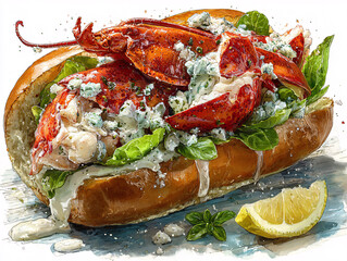a delicious lobster roll with a creamy dressing, fresh lettuce, and a lemon wedge on the side. The lobster is prominently displayed